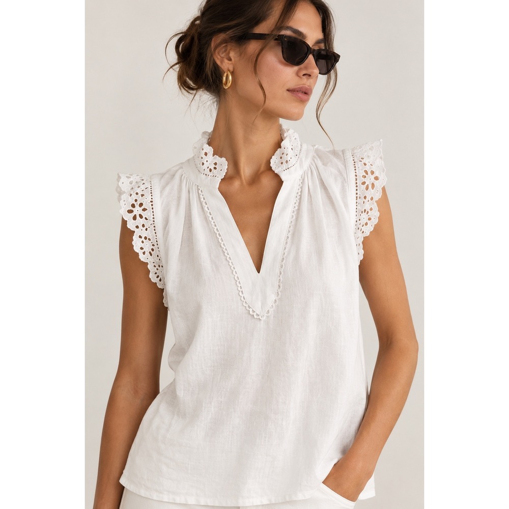 Boden White Eyelet Lace Blouse Coastal Chic Nantucket Preppy Top